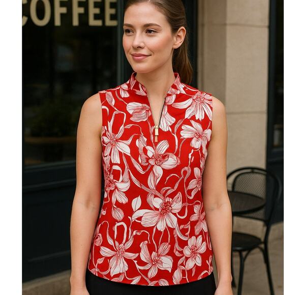 NWOT Chico's Red Floral Tank Blouse 1/4 Zip 2 - Picture 1 of 3